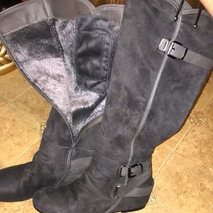 Grey hidden wedge knee high boot,soft, pocket